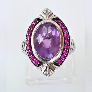 Vintage Dallas Prince Amethyst, Diamond, Sapphires Sterling Silver Ring Sz 7ish!